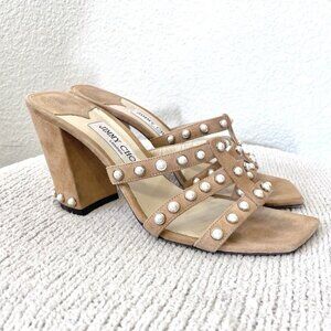 Jimmy Choo Hazal Pearl Stud Trim Suede Leather Block Heel Mules Tan